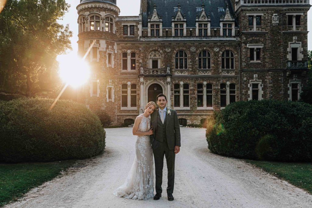 Golden hour couple portrait at Château de Méridon — luxury wedding photographer near Paris