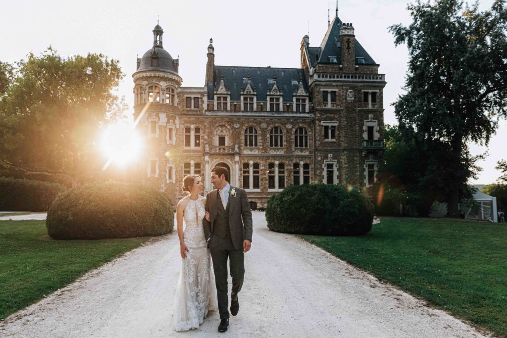 Golden hour couple portrait at Château de Méridon — luxury wedding photographer near Paris